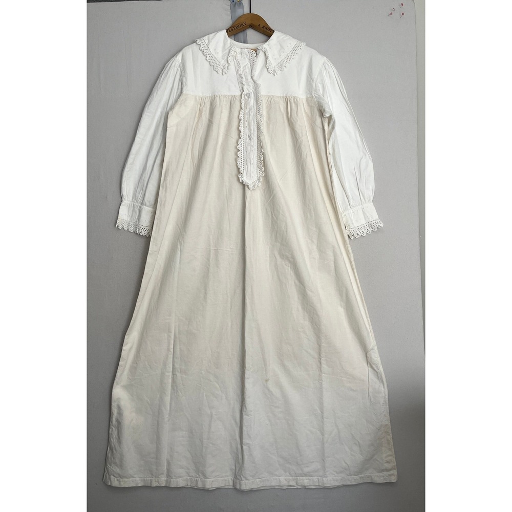 Antique Victorian White Cotton Lace Nightgown Long Sleeve Eyelet Cottagecore